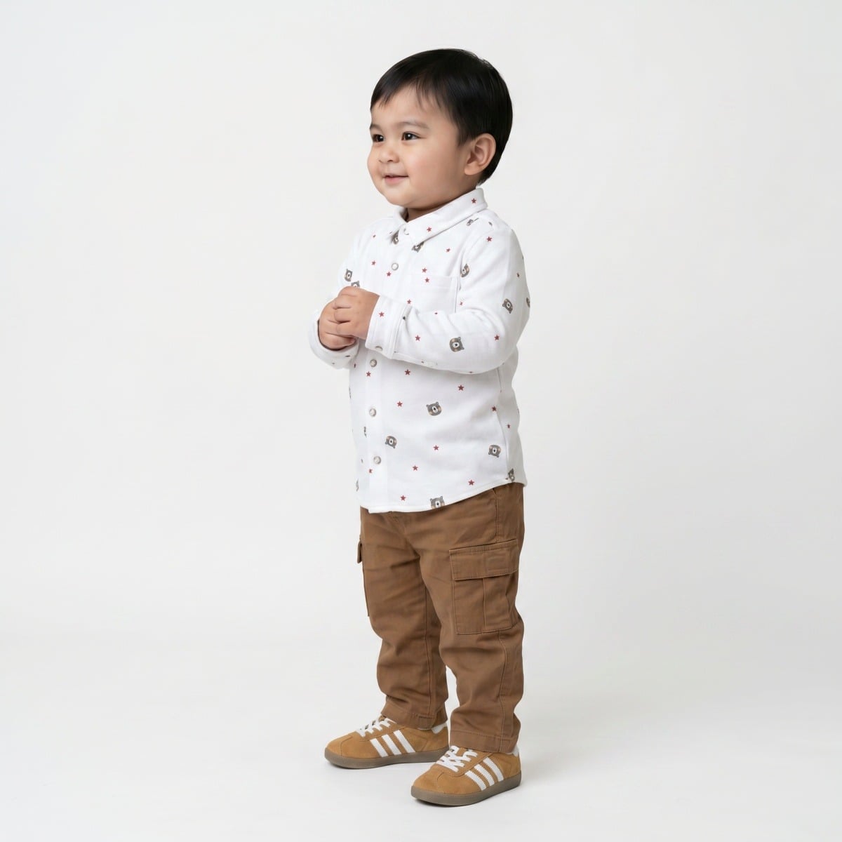 Baby Boys White And Brown Cotton Blend Bear Printed Shirt And Pant Set Regular Fit Casual Wear