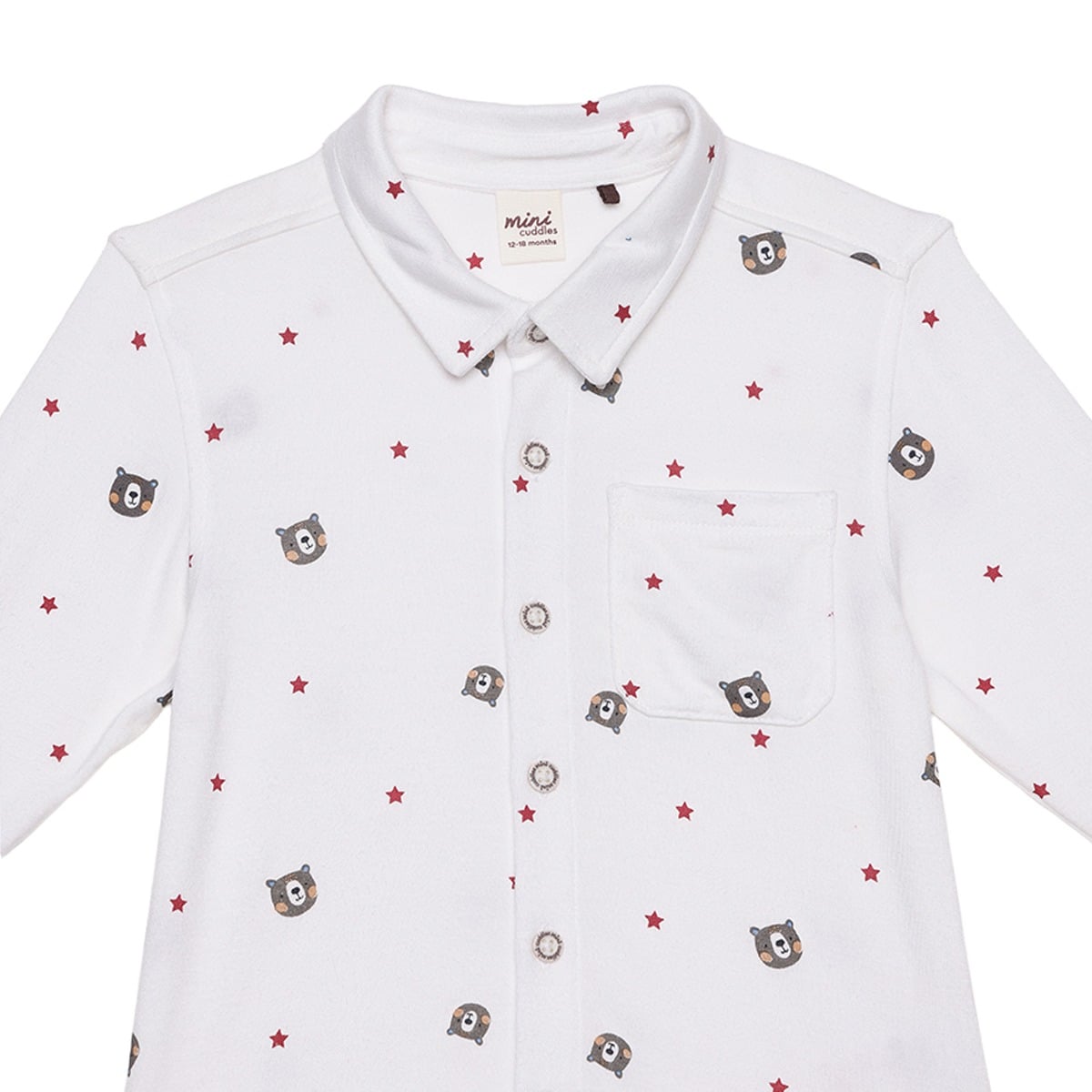 Baby Boys White And Brown Cotton Blend Bear Printed Shirt And Pant Set Regular Fit Casual Wear