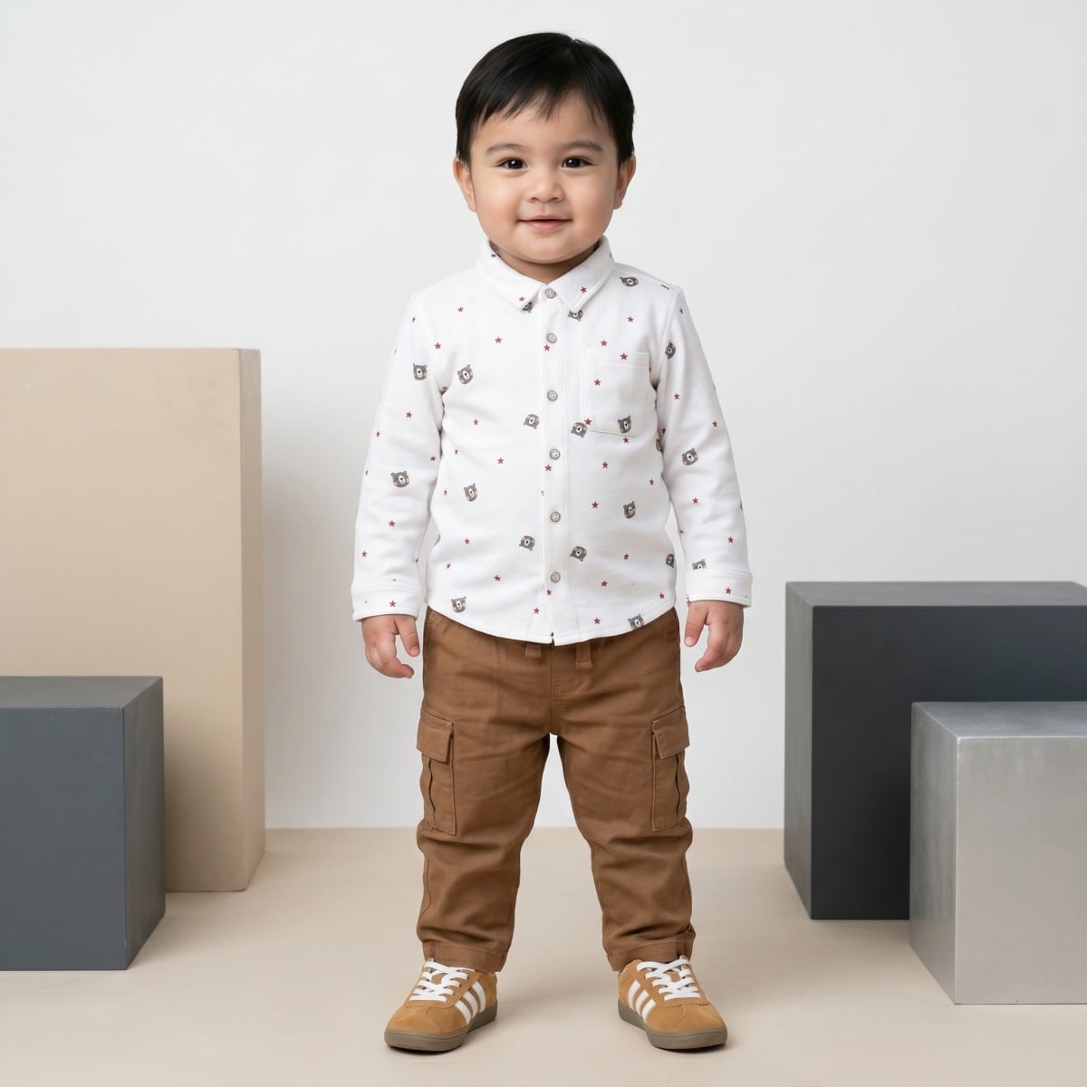 Baby Boys White And Brown Cotton Blend Bear Printed Shirt And Pant Set Regular Fit Casual Wear
