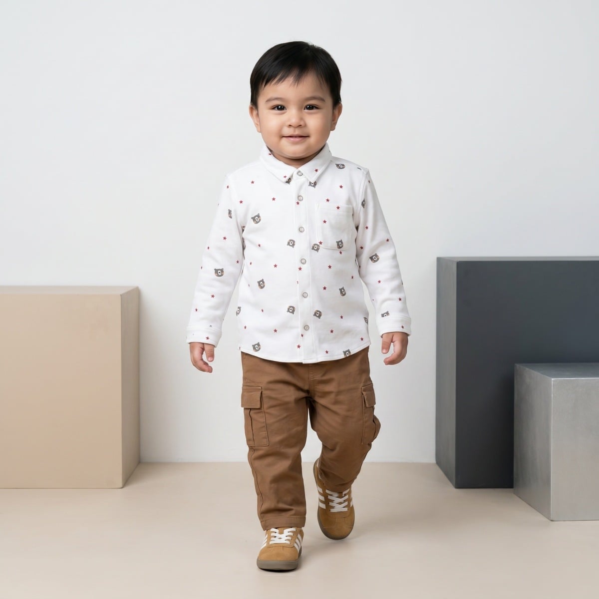 Baby Boys White And Brown Cotton Blend Bear Printed Shirt And Pant Set Regular Fit Casual Wear