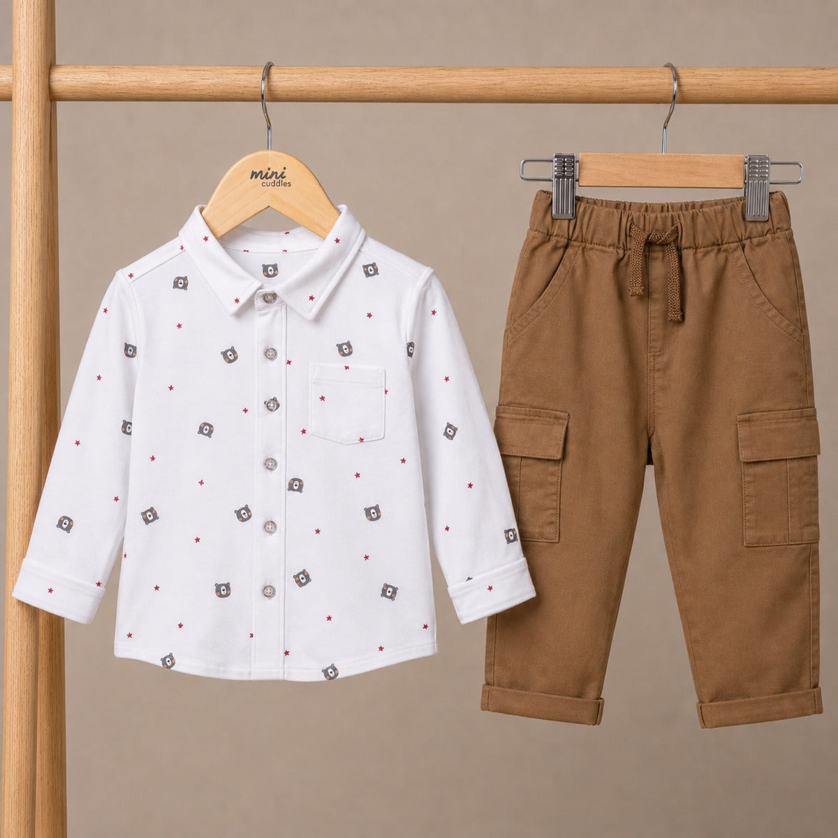 Baby Boys White And Brown Cotton Blend Bear Printed Shirt And Pant Set Regular Fit Casual Wear