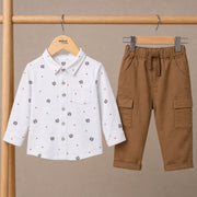 Baby Boys White And Brown Cotton Blend Bear Printed Shirt And Pant Set Regular Fit Casual Wear