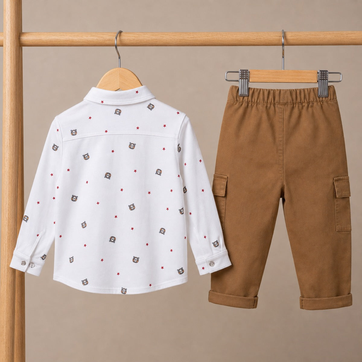 Baby Boys White And Brown Cotton Blend Bear Printed Shirt And Pant Set Regular Fit Casual Wear