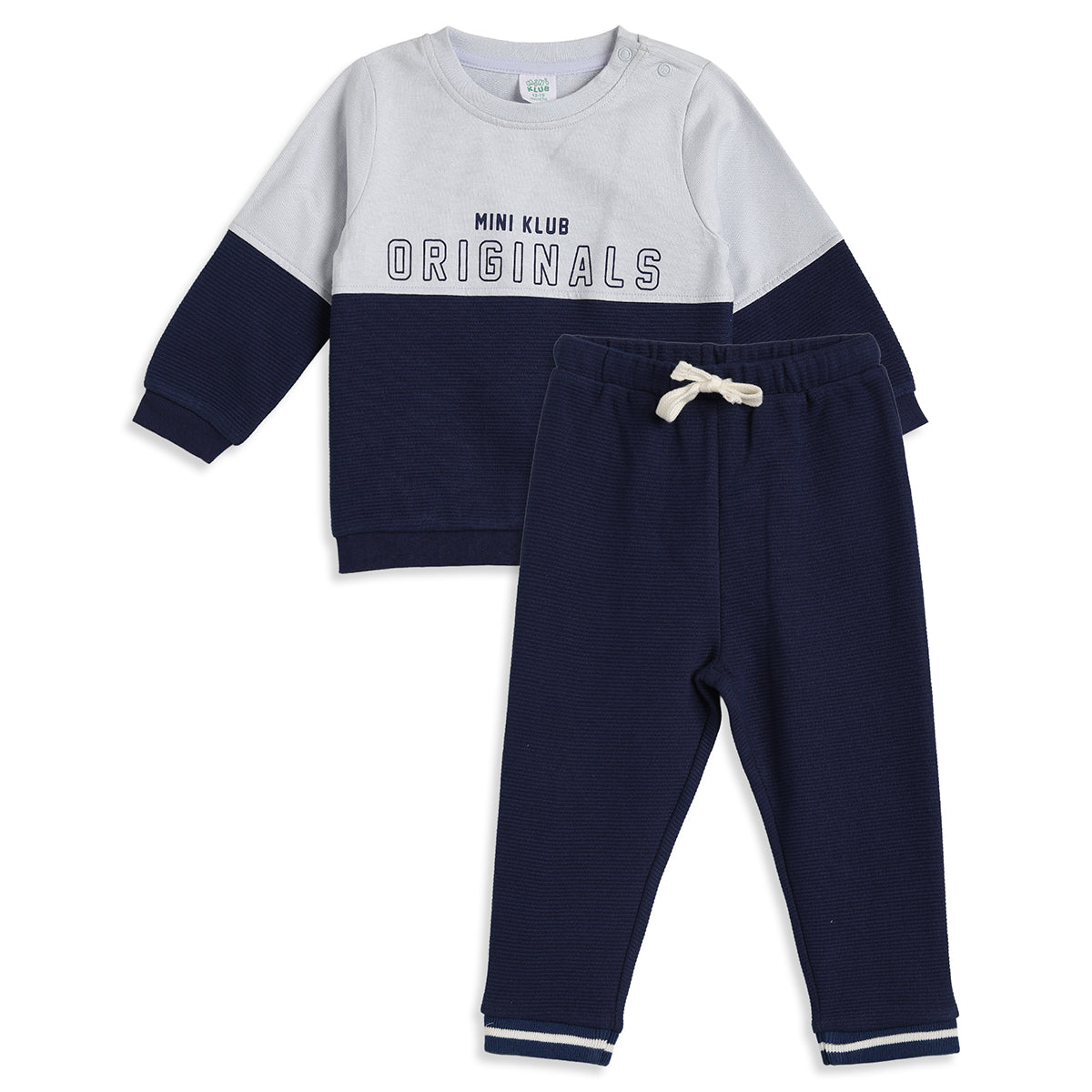 Baby Boy Navy Blue & White Cotton Blend Co-ord Set Originals Print Full Sleeve