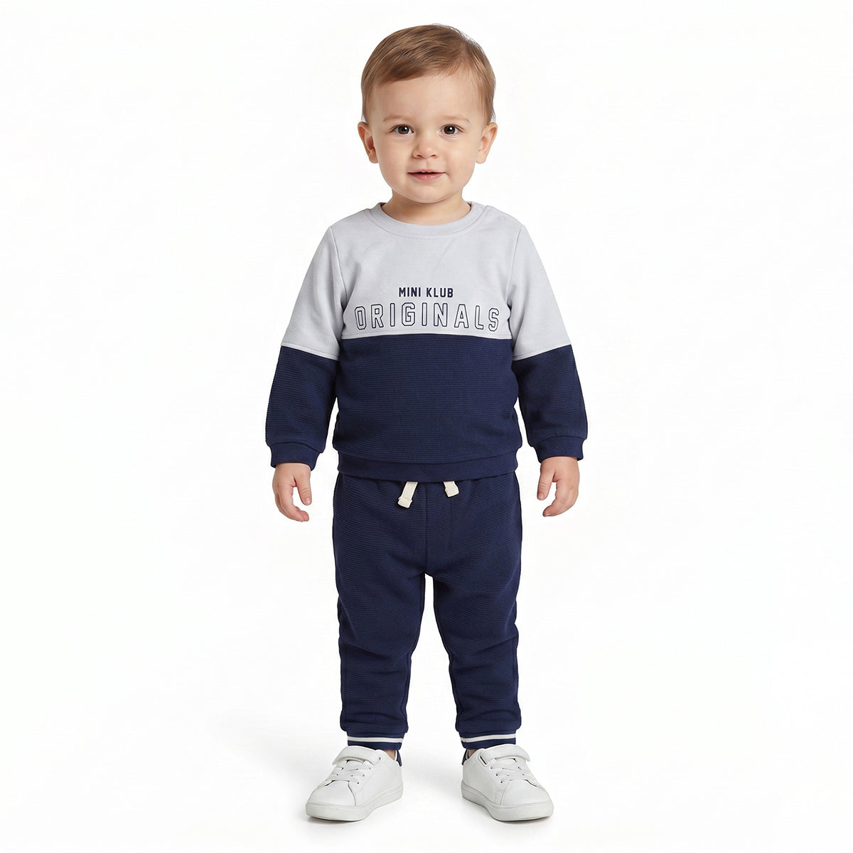 Baby Boy Navy Blue & White Cotton Blend Co-ord Set Originals Print Full Sleeve
