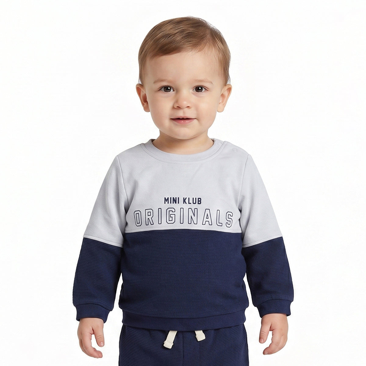 Baby Boy Navy Blue & White Cotton Blend Co-ord Set Originals Print Full Sleeve