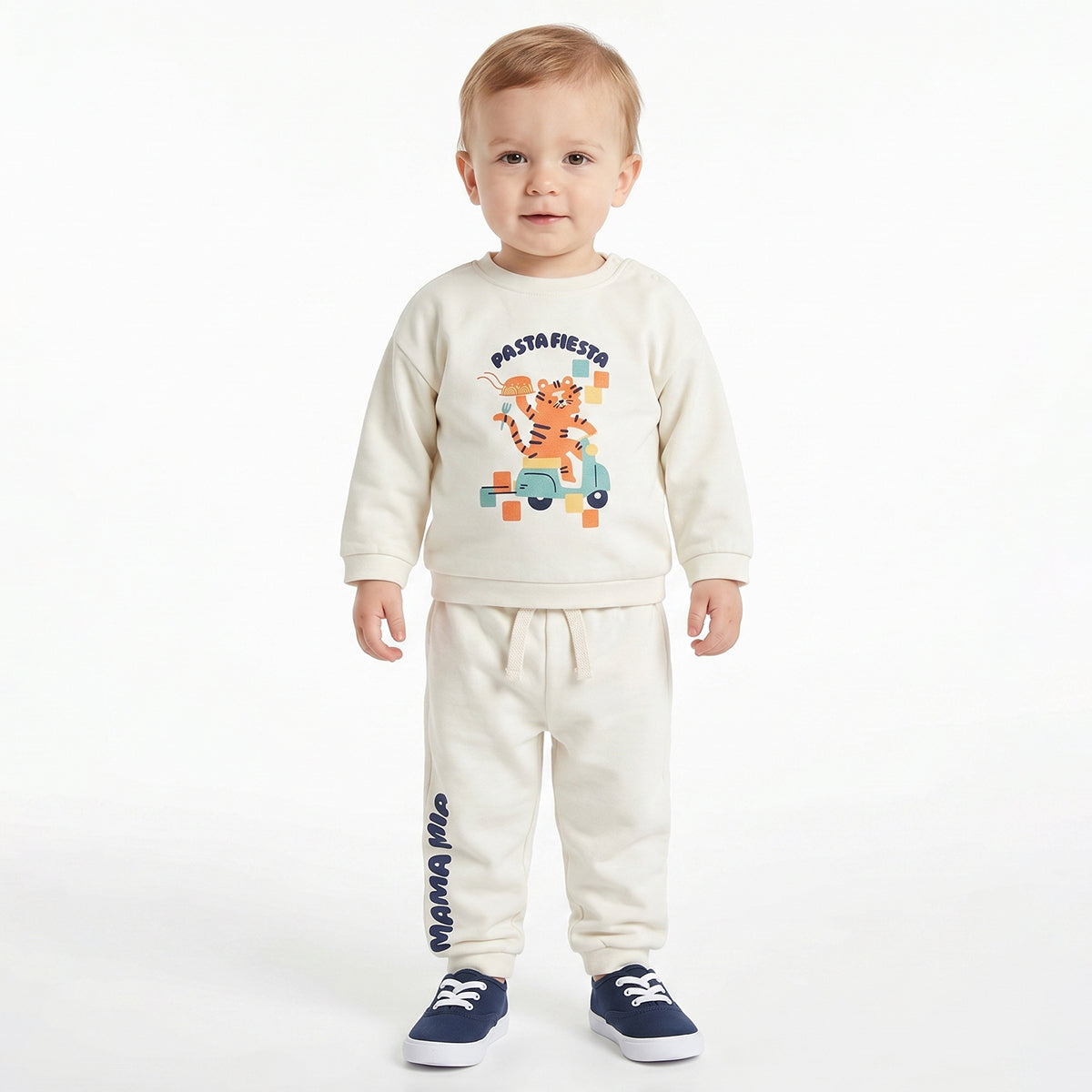 Baby Boy Off White Cotton Co-ord Set Pasta Fiesta Graphic Print Full Sleeve