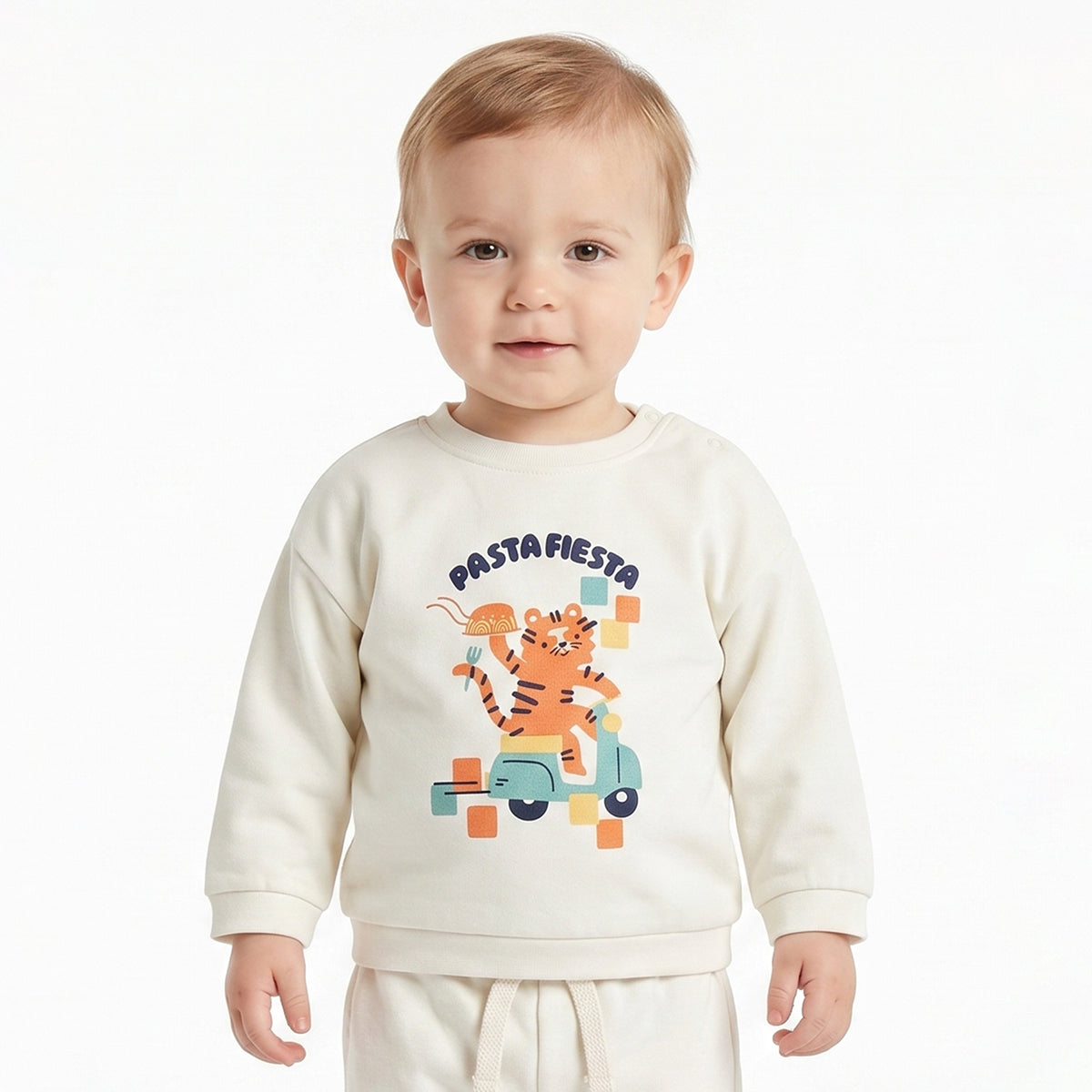 Baby Boy Off White Cotton Co-ord Set Pasta Fiesta Graphic Print Full Sleeve