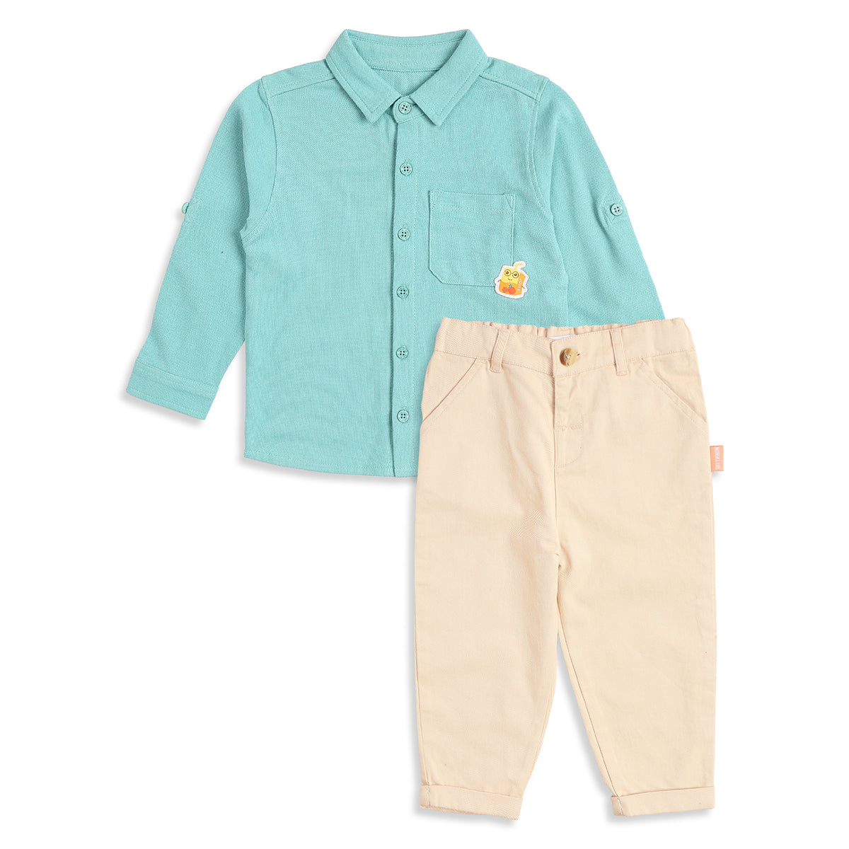Baby Boy Aqua Green Shirt & Beige Bottom Co-ord Set Full Sleeve Smart Casual