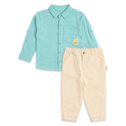 Baby Boy Aqua Green Shirt & Beige Bottom Co-ord Set Full Sleeve Smart Casual
