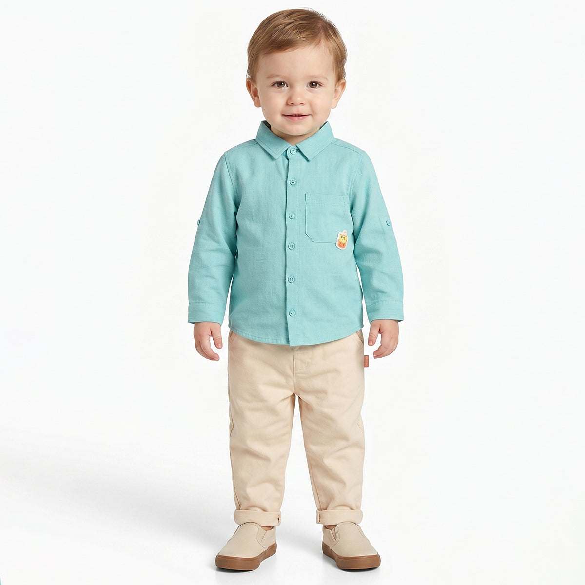 Baby Boy Aqua Green Shirt & Beige Bottom Co-ord Set Full Sleeve Smart Casual