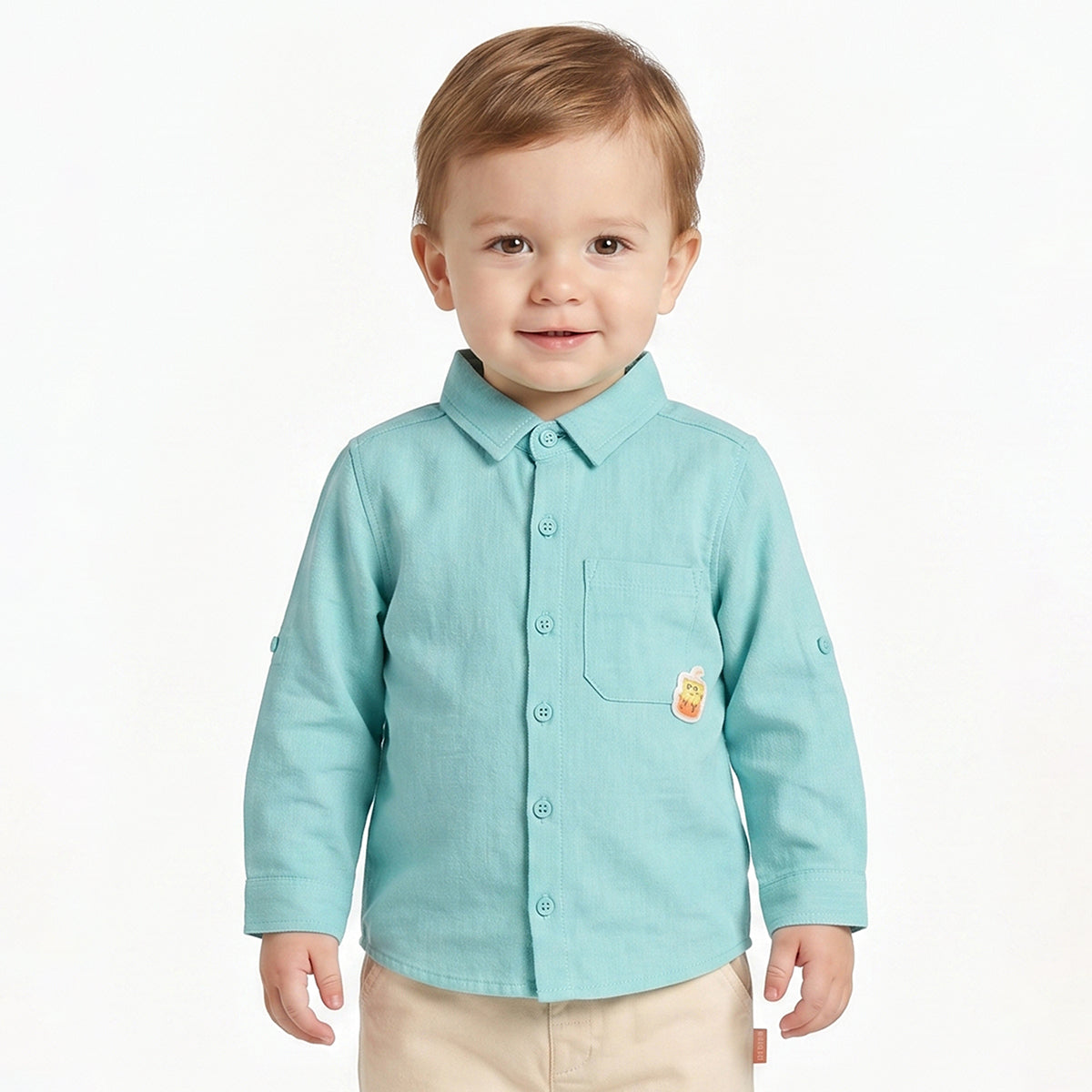 Baby Boy Aqua Green Shirt & Beige Bottom Co-ord Set Full Sleeve Smart Casual
