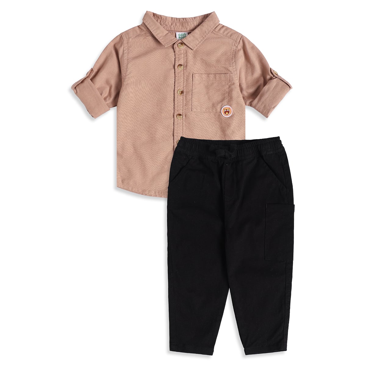 Baby Boys Peach And Black Cotton Solid Shirt And Pant Set Regular Fit Casual Wear
