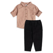 Baby Boys Peach And Black Cotton Solid Shirt And Pant Set Regular Fit Casual Wear