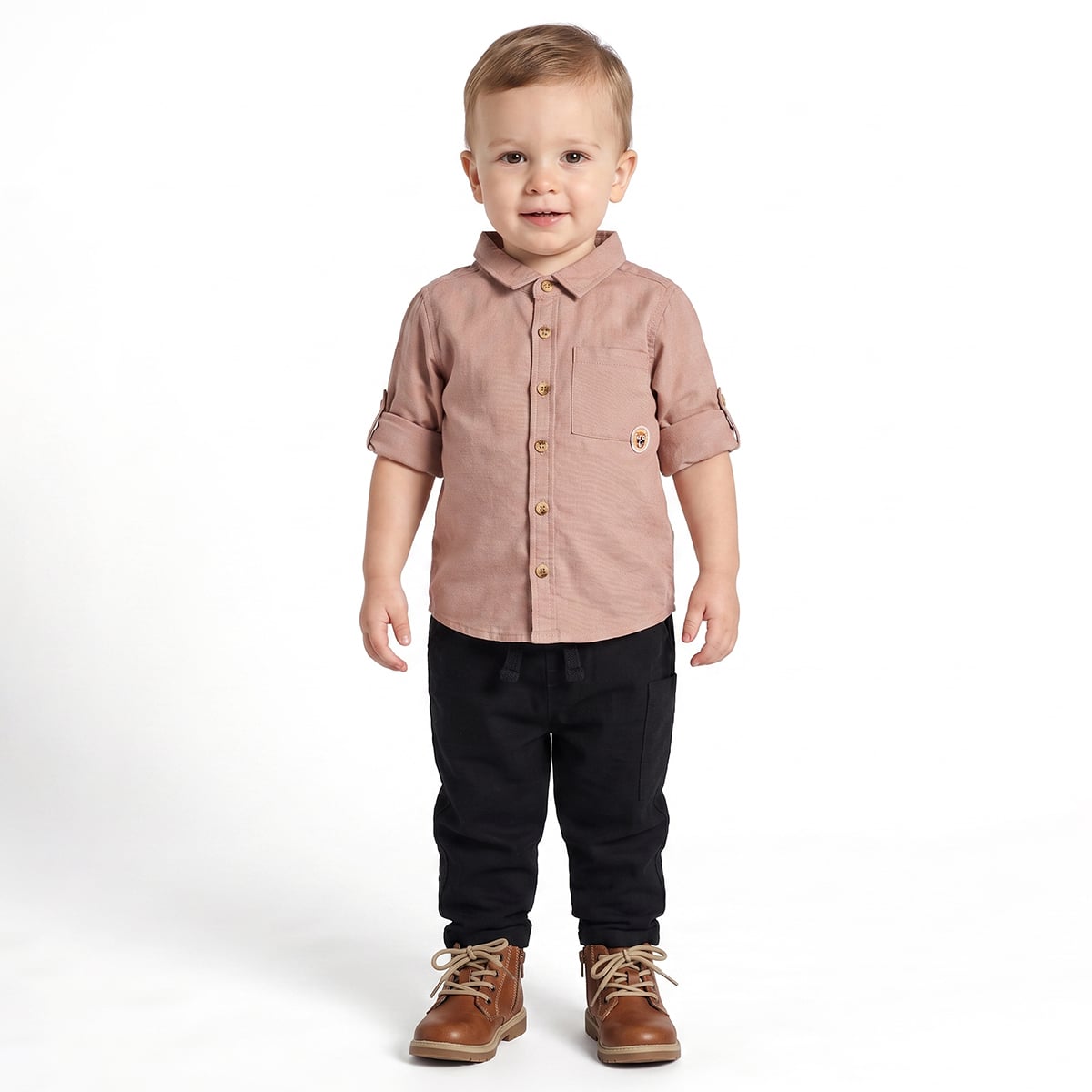 Baby Boys Peach And Black Cotton Solid Shirt And Pant Set Regular Fit Casual Wear
