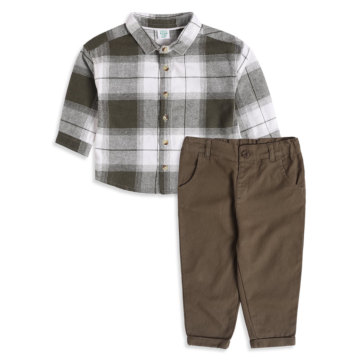 Baby Boys Olive Green White And Brown Cotton Checked Shirt And Pant Set Regular Fit Casual Wear