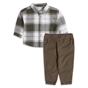 Baby Boys Olive Green White And Brown Cotton Checked Shirt And Pant Set Regular Fit Casual Wear