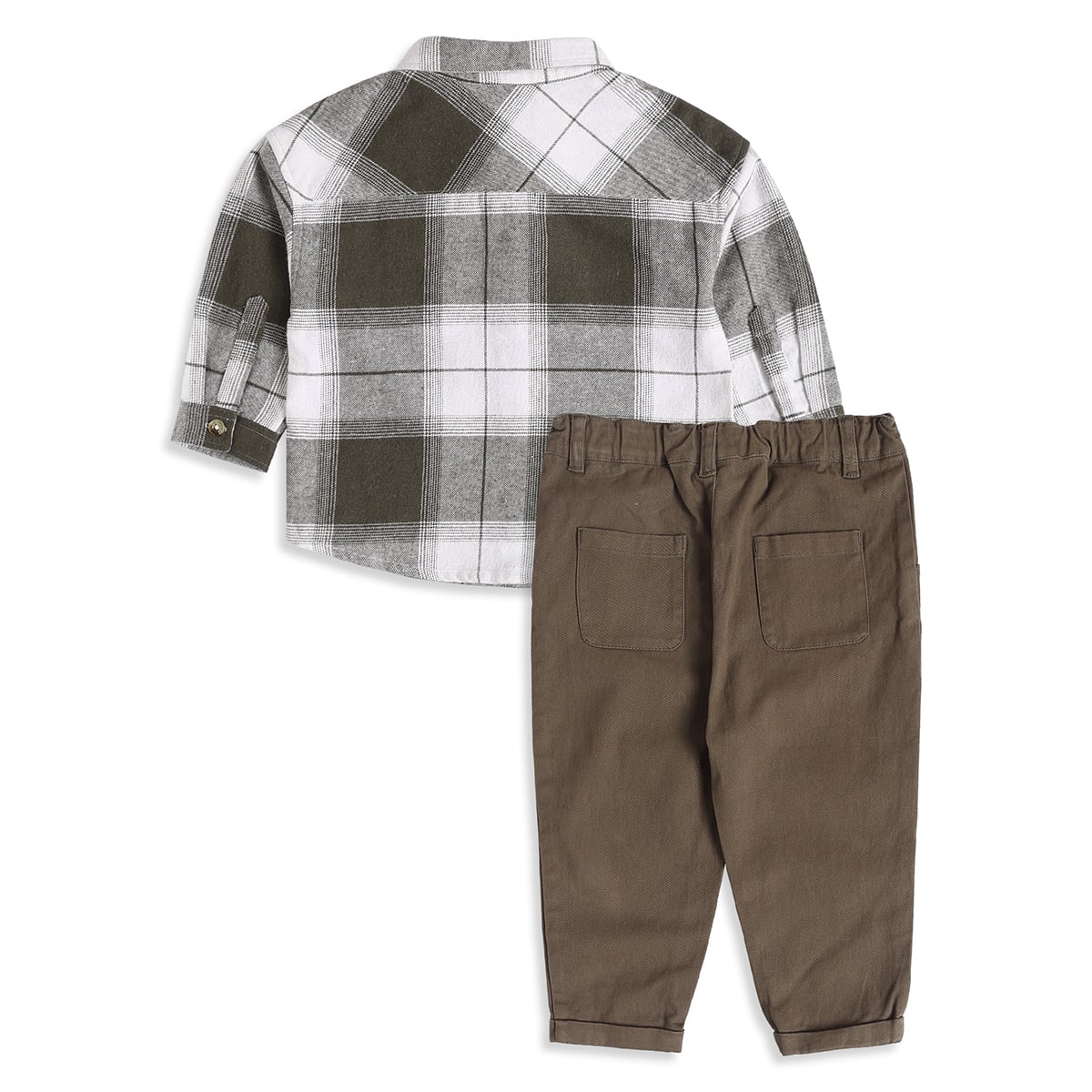 Baby Boys Olive Green White And Brown Cotton Checked Shirt And Pant Set Regular Fit Casual Wear