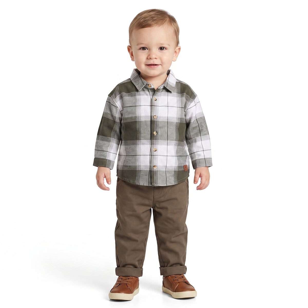 Baby Boys Olive Green White And Brown Cotton Checked Shirt And Pant Set Regular Fit Casual Wear