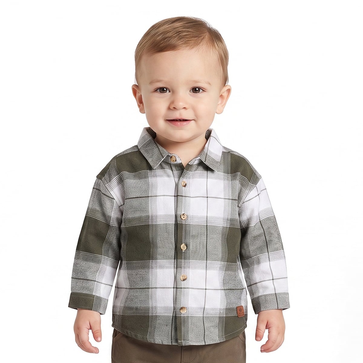 Baby Boys Olive Green White And Brown Cotton Checked Shirt And Pant Set Regular Fit Casual Wear