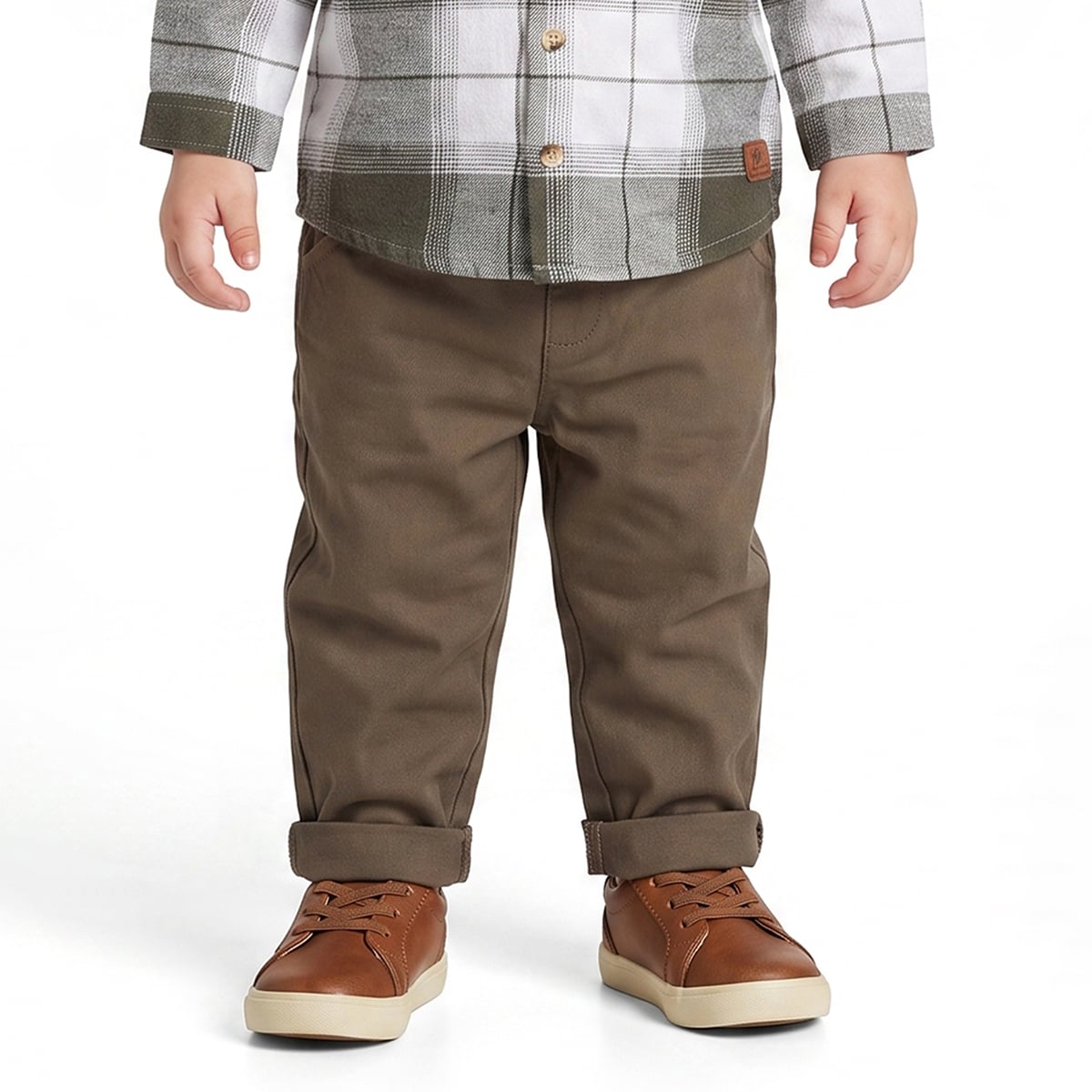 Baby Boys Olive Green White And Brown Cotton Checked Shirt And Pant Set Regular Fit Casual Wear