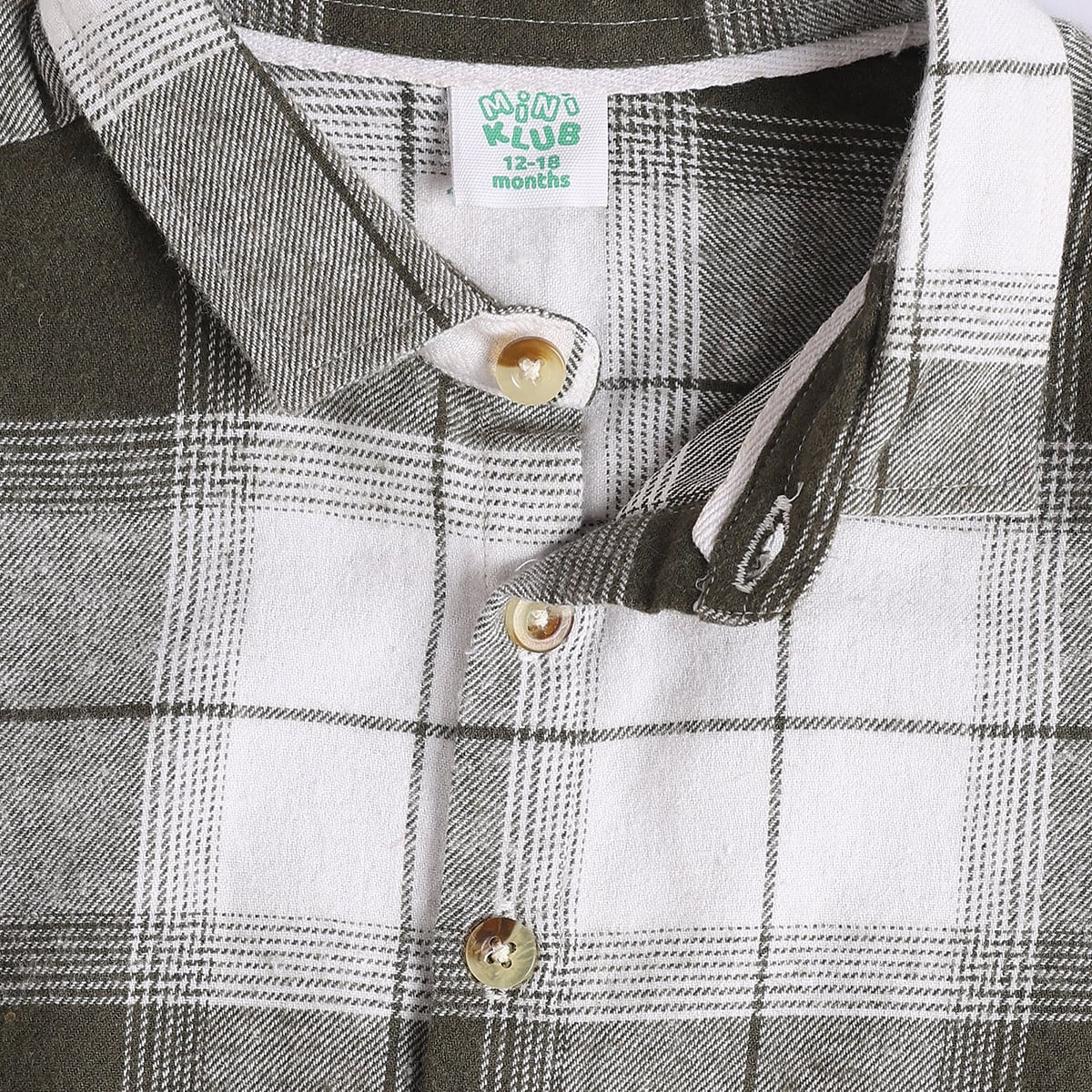 Baby Boys Olive Green White And Brown Cotton Checked Shirt And Pant Set Regular Fit Casual Wear