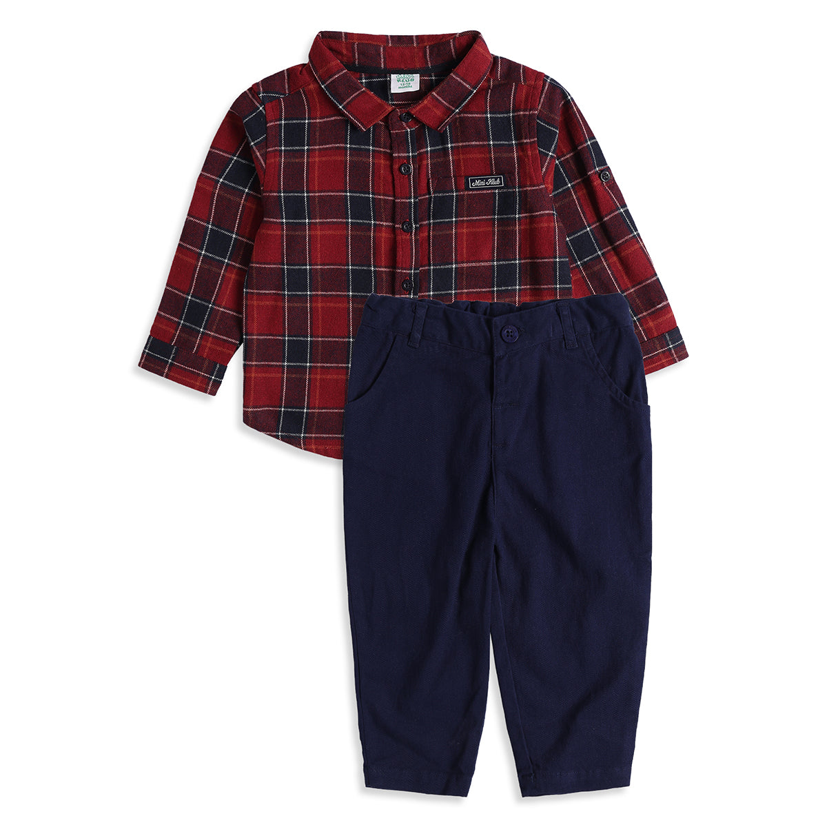 Baby Boy Red & Navy Checkered Shirt with Navy Bottom Clothing Set