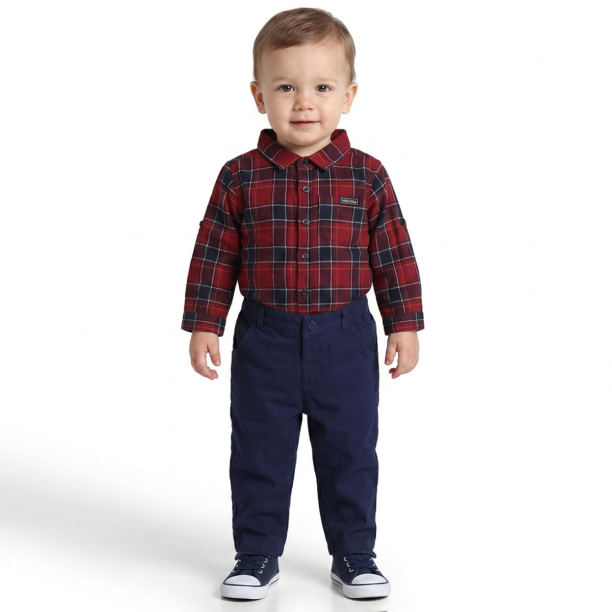 Baby Boy Red & Navy Checkered Shirt with Navy Bottom Clothing Set