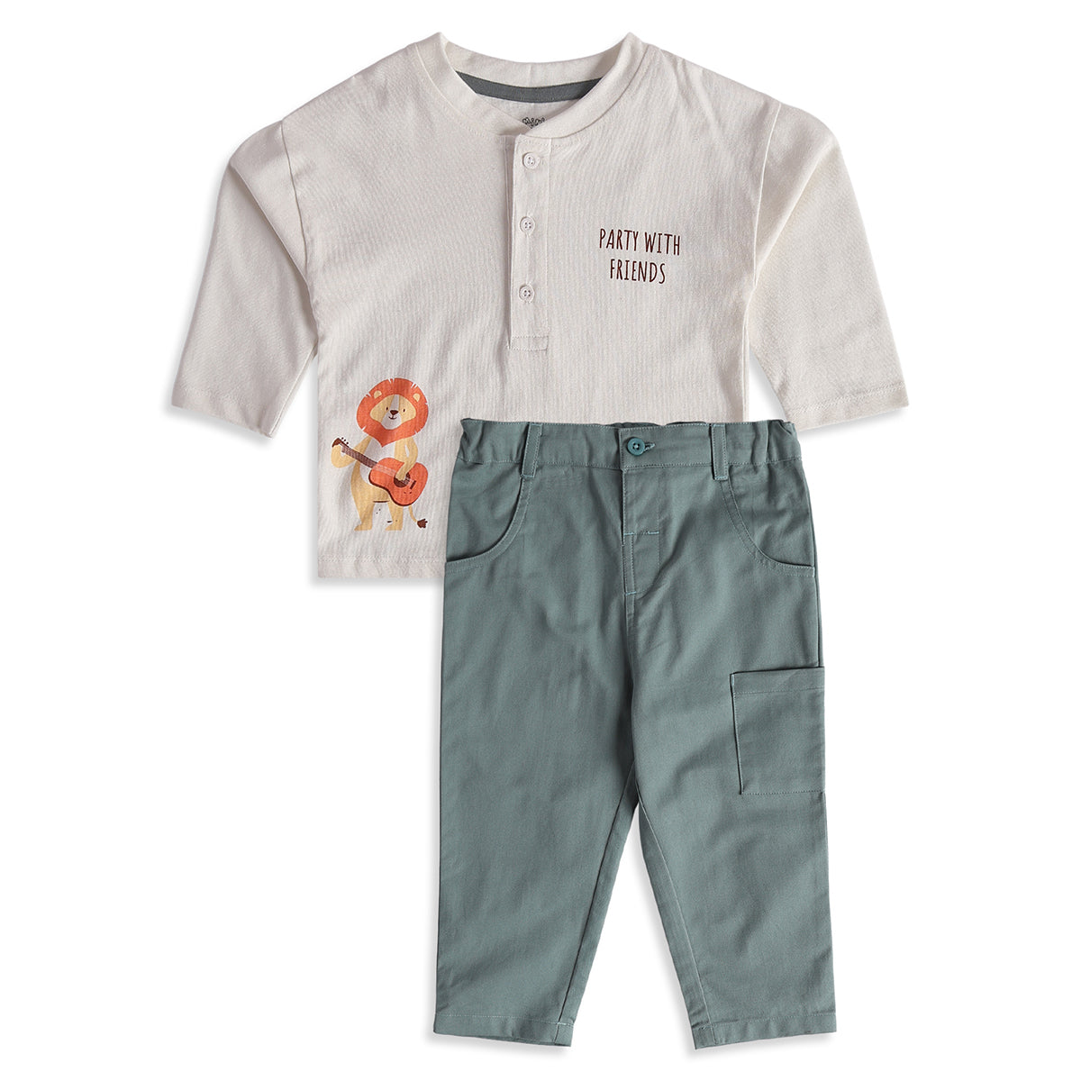 Baby Boys Cream Green Cotton Top and Pants Set Regular Fit Casual Wear
