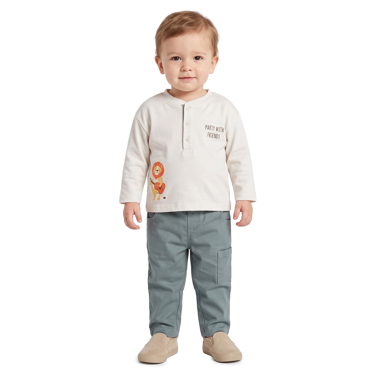 Baby Boys Cream Green Cotton Top and Pants Set Regular Fit Casual Wear