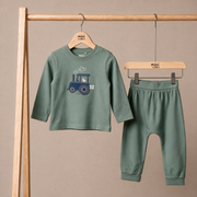 Baby Boys Sage Green Cotton Tractor Applique Full Sleeve Top And Bottom Set Regular Fit Casual Wear