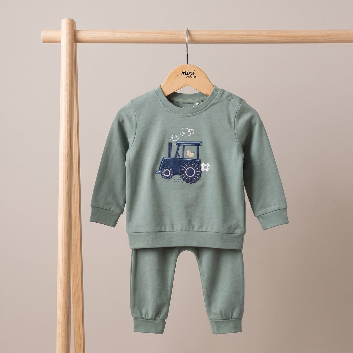 Baby Boys Sage Green Cotton Tractor Applique Full Sleeve Top And Bottom Set Regular Fit Casual Wear