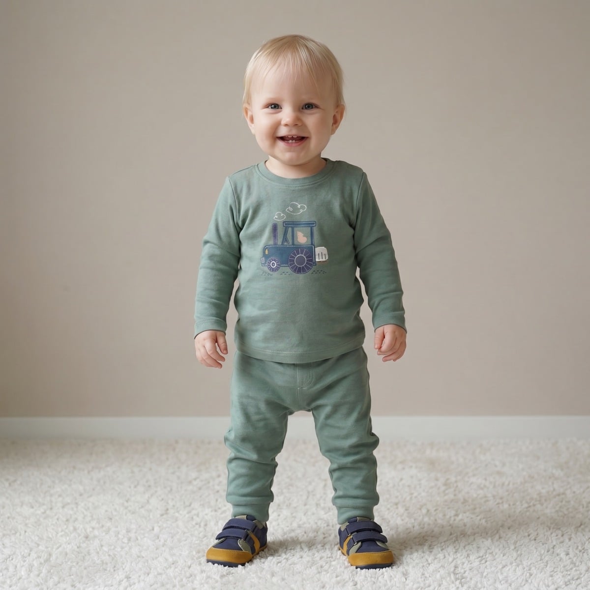 Baby Boys Sage Green Cotton Tractor Applique Full Sleeve Top And Bottom Set Regular Fit Casual Wear