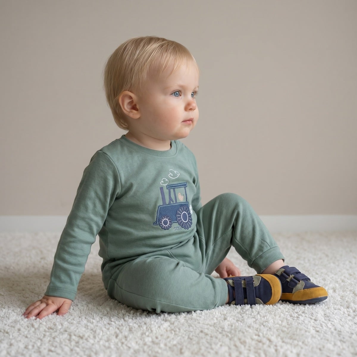 Baby Boys Sage Green Cotton Tractor Applique Full Sleeve Top And Bottom Set Regular Fit Casual Wear