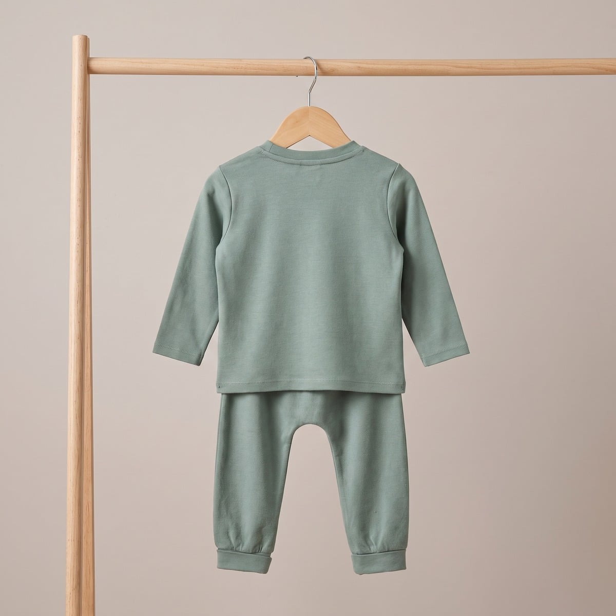 Baby Boys Sage Green Cotton Tractor Applique Full Sleeve Top And Bottom Set Regular Fit Casual Wear