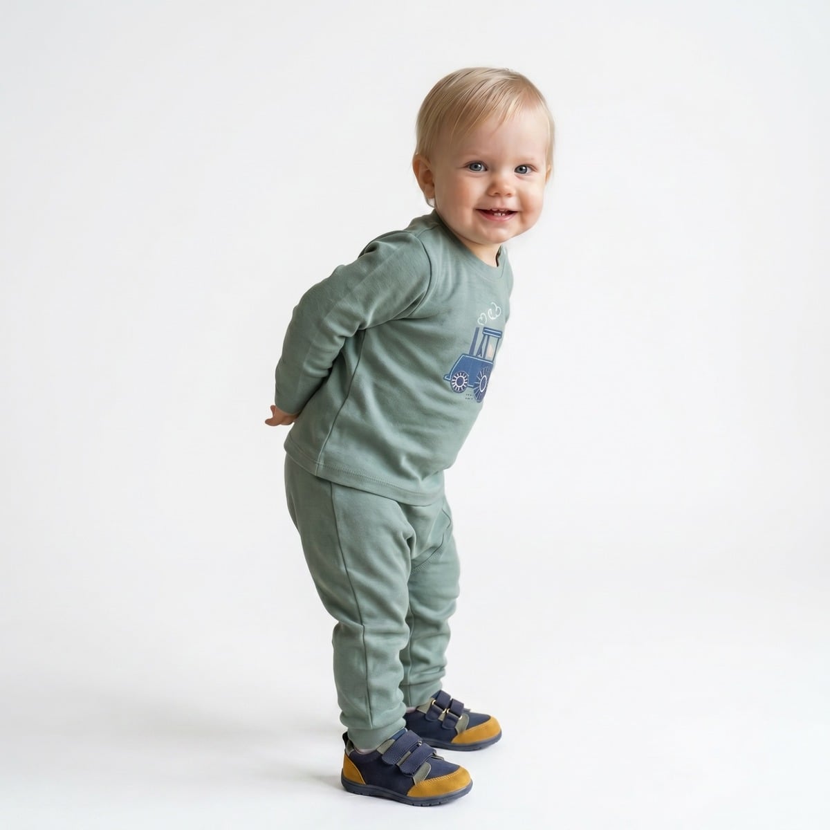 Baby Boys Sage Green Cotton Tractor Applique Full Sleeve Top And Bottom Set Regular Fit Casual Wear