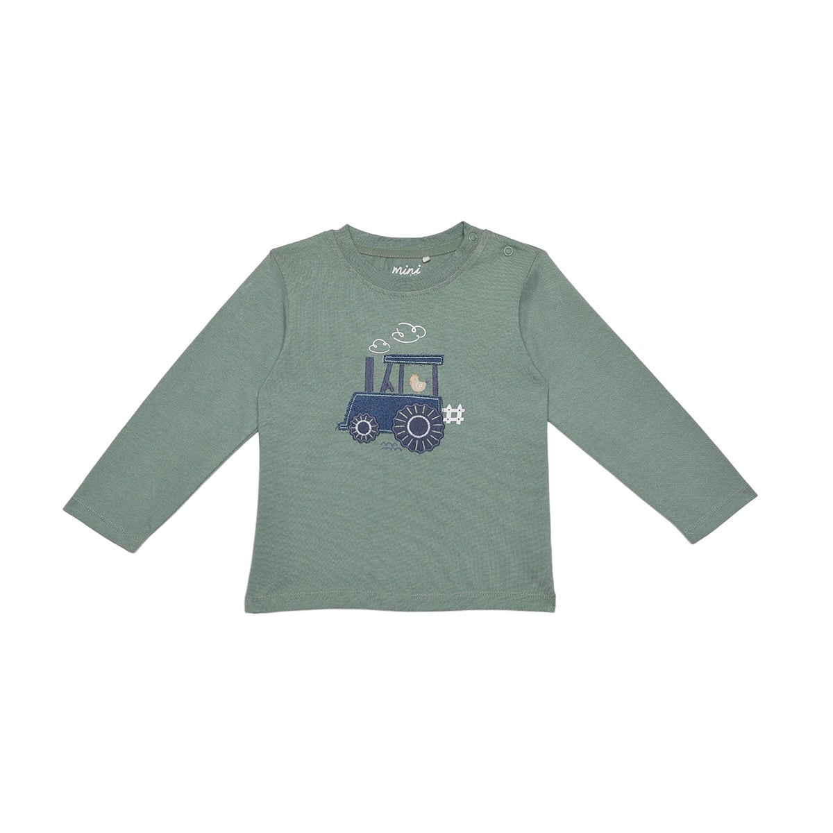 Baby Boys Sage Green Cotton Tractor Applique Full Sleeve Top And Bottom Set Regular Fit Casual Wear
