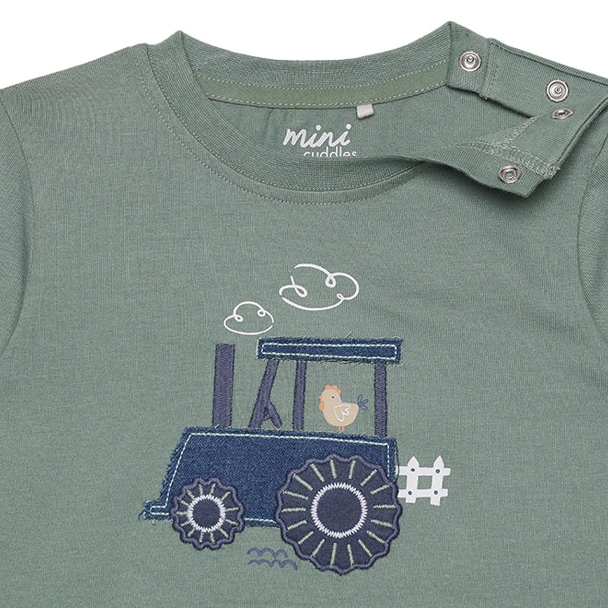 Baby Boys Sage Green Cotton Tractor Applique Full Sleeve Top And Bottom Set Regular Fit Casual Wear