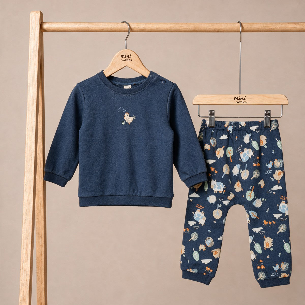 Baby Boys Navy Blue Cotton Hen Embroidered And Farm Animal Printed Top And Bottom Set Regular Fit Casual Wear