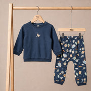 Baby Boys Navy Blue Cotton Hen Embroidered And Farm Animal Printed Top And Bottom Set Regular Fit Casual Wear