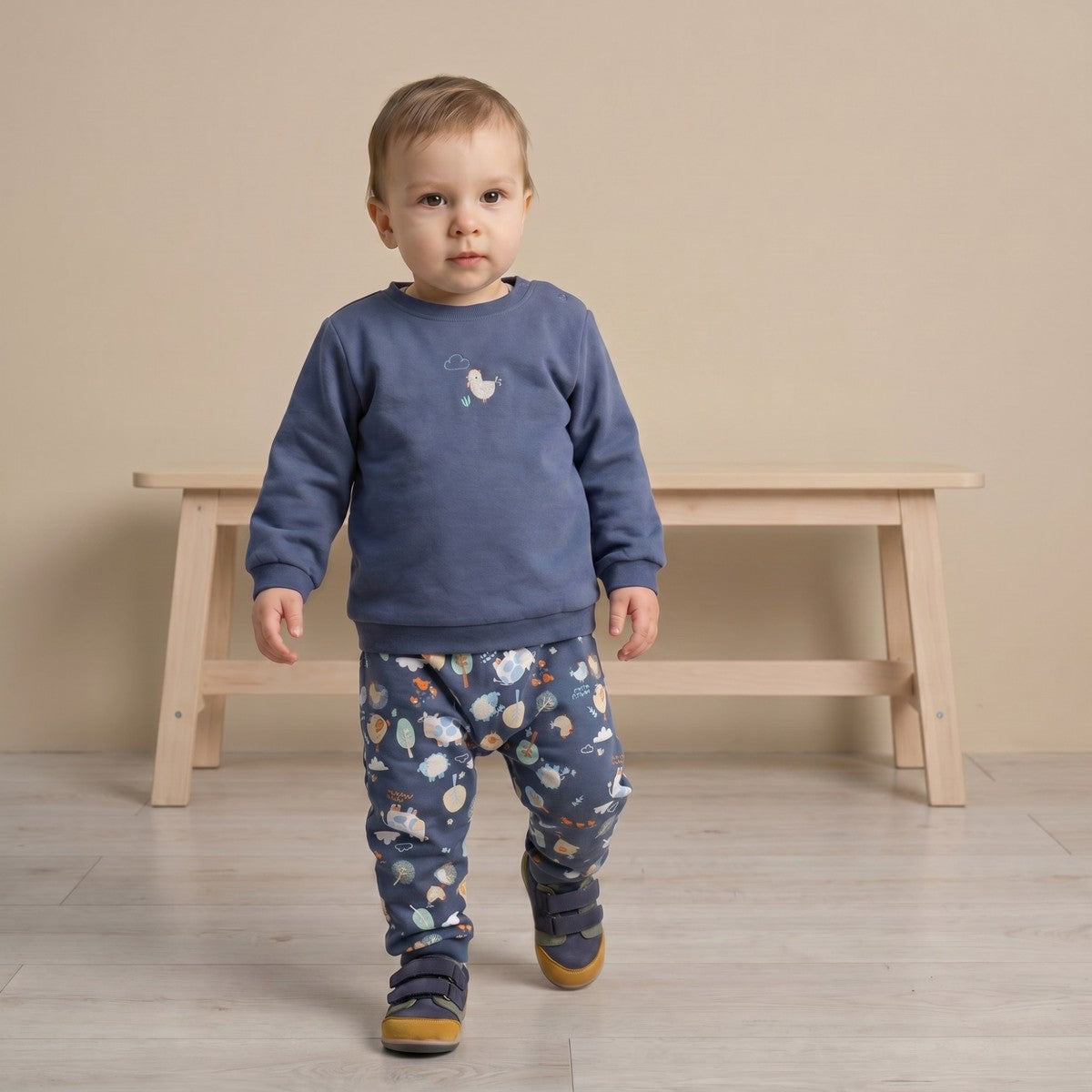Baby Boys Navy Blue Cotton Hen Embroidered And Farm Animal Printed Top And Bottom Set Regular Fit Casual Wear