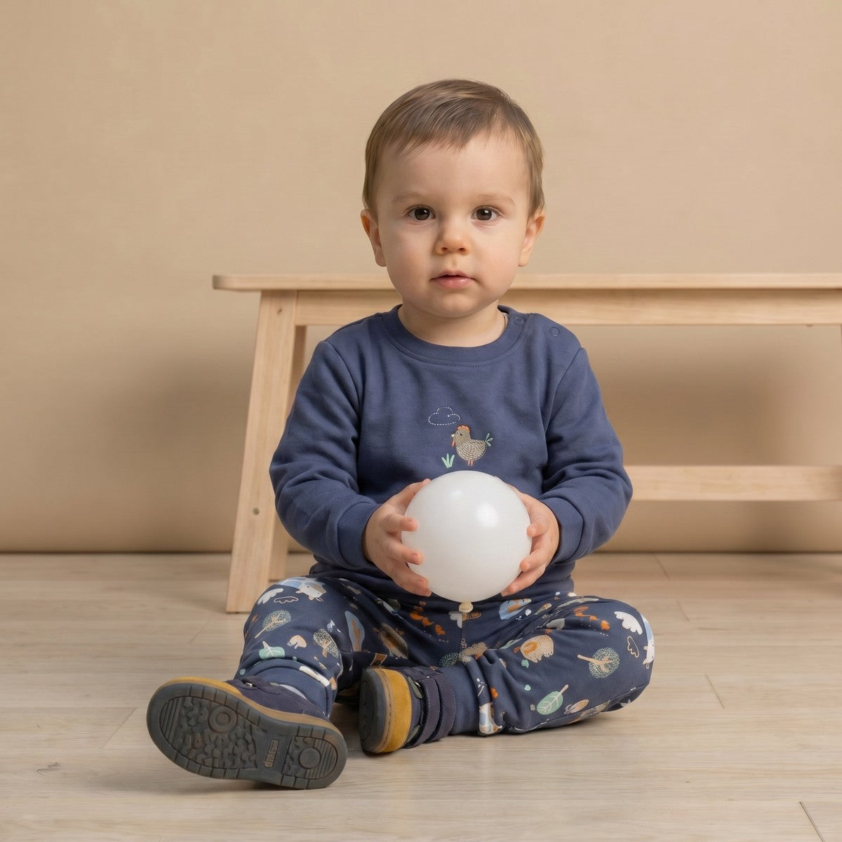 Baby Boys Navy Blue Cotton Hen Embroidered And Farm Animal Printed Top And Bottom Set Regular Fit Casual Wear
