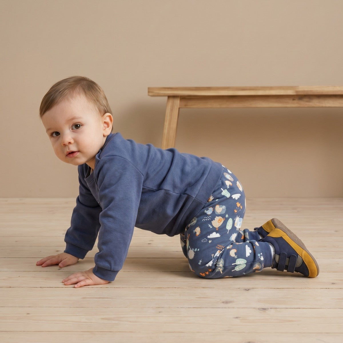 Baby Boys Navy Blue Cotton Hen Embroidered And Farm Animal Printed Top And Bottom Set Regular Fit Casual Wear