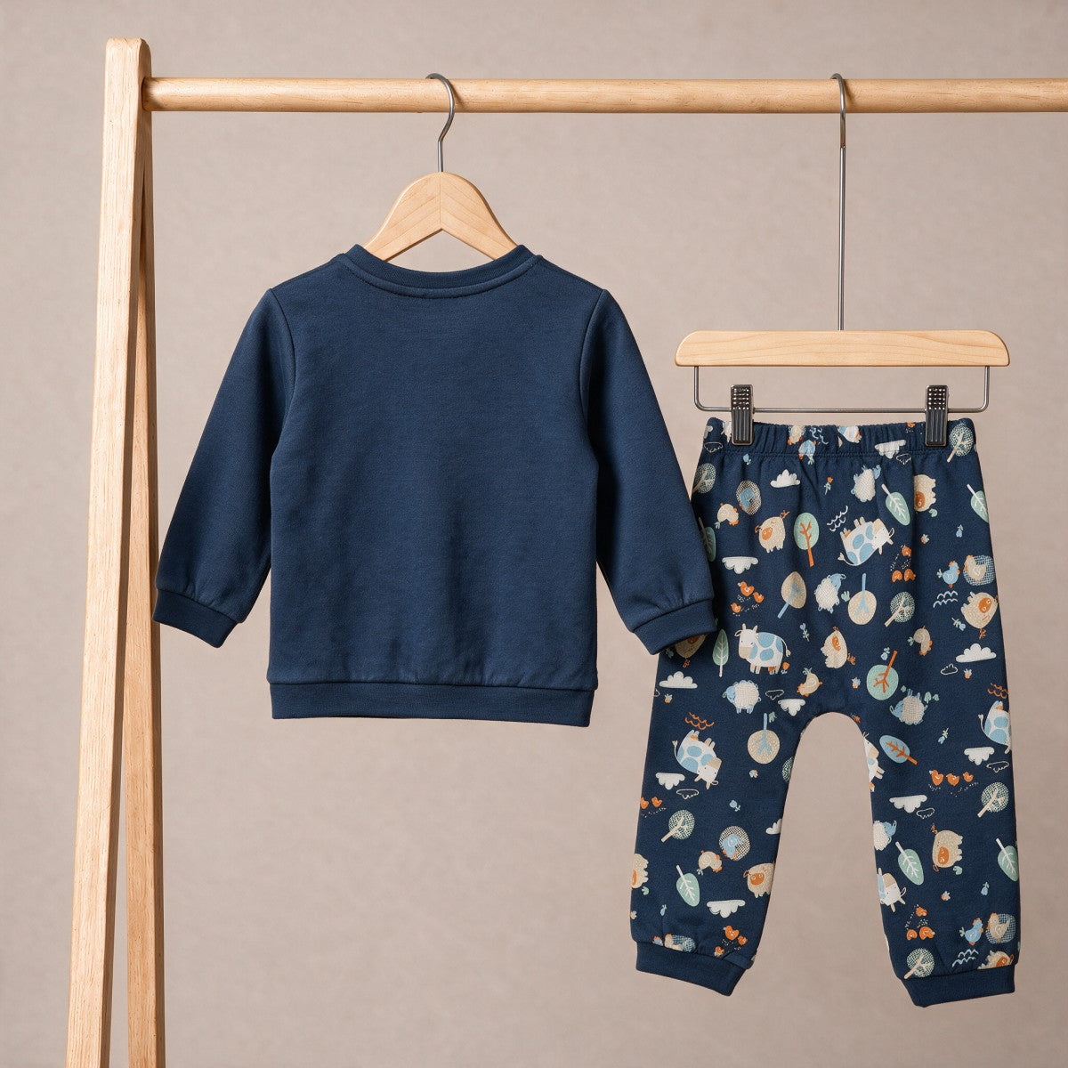 Baby Boys Navy Blue Cotton Hen Embroidered And Farm Animal Printed Top And Bottom Set Regular Fit Casual Wear
