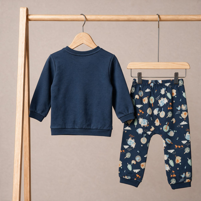 Baby Boys Navy Blue Cotton Hen Embroidered And Farm Animal Printed Top And Bottom Set Regular Fit Casual Wear