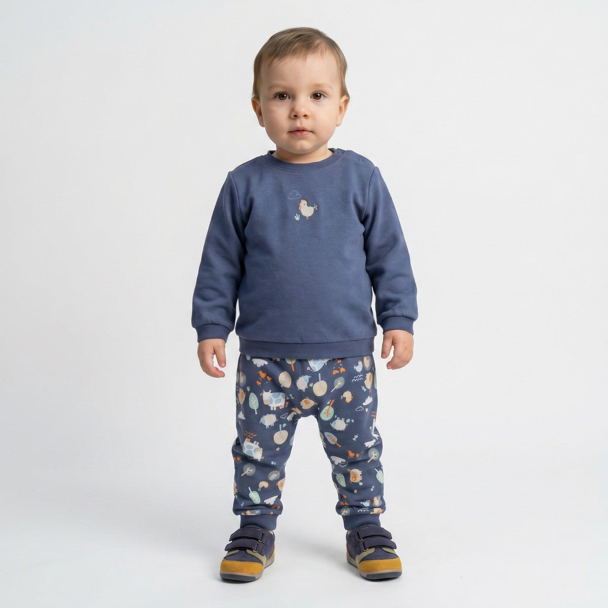 Baby Boys Navy Blue Cotton Hen Embroidered And Farm Animal Printed Top And Bottom Set Regular Fit Casual Wear