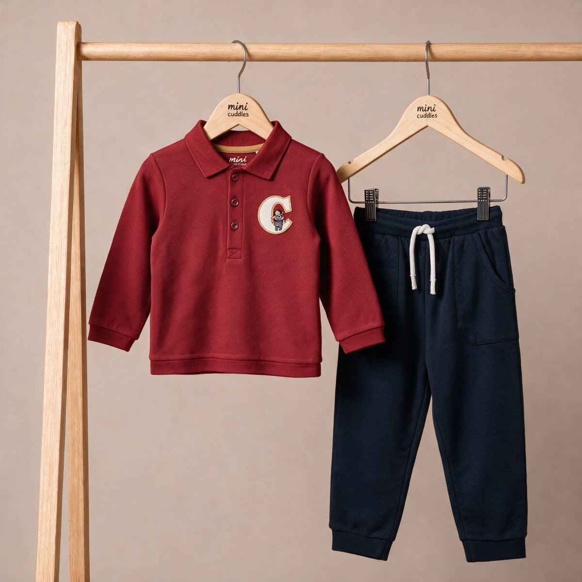 Baby Boys Maroon And Navy Blue Cotton Embroidered Polo T-Shirt And Bottom Set Regular Fit Casual