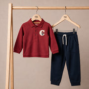 Baby Boys Maroon And Navy Blue Cotton Embroidered Polo T-Shirt And Bottom Set Regular Fit Casual