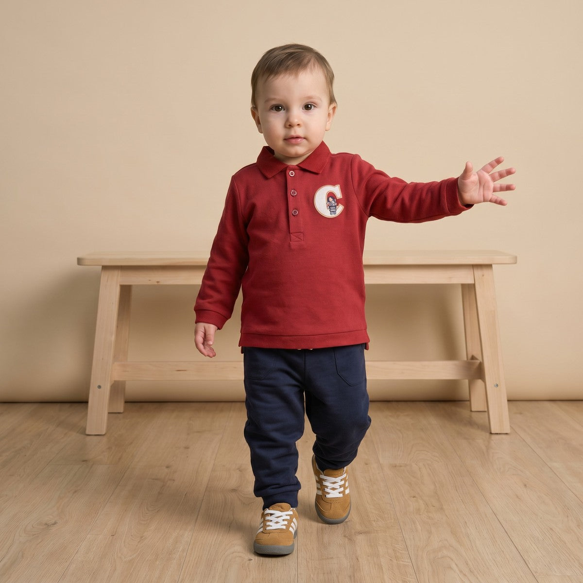 Baby Boys Maroon And Navy Blue Cotton Embroidered Polo T-Shirt And Bottom Set Regular Fit Casual