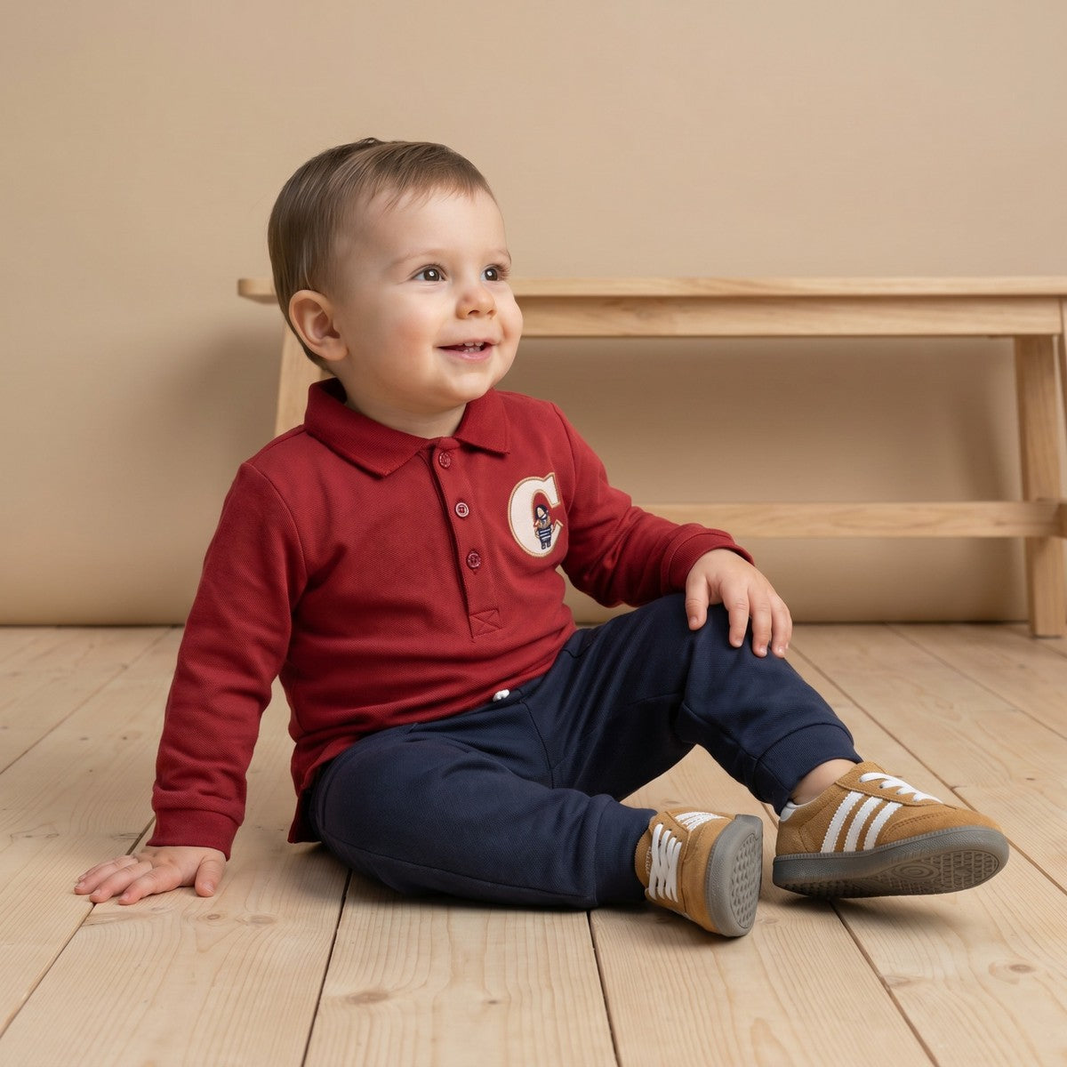 Baby Boys Maroon And Navy Blue Cotton Embroidered Polo T-Shirt And Bottom Set Regular Fit Casual